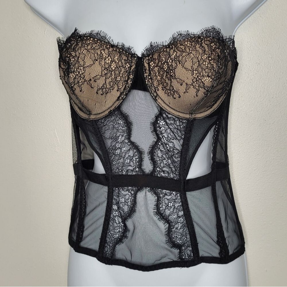 Victoria’s Secret Strappy Very Sexy Lace Corset Size 34C Black Mesh